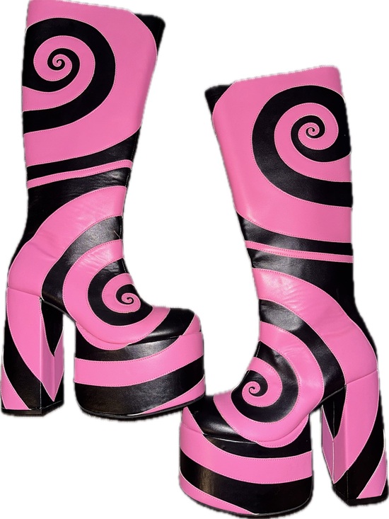 Dolls Kill Shoes - Current Mood Pink & Black Swirl Platform Knee-High Boots